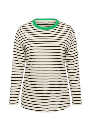 Chemise blanche à manches longues avec de fines rayures horizontales noires et un col rond vert vif.