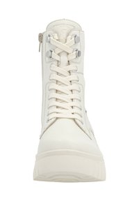 White leather high-top shoe with lace-up front, side zipper, and silver hardware accents. Thick sole with textured pattern.