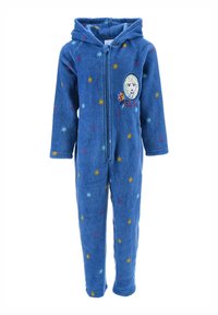Mono de felpa azul con capucha, con patrones de estrellas coloridas y un diseño bordado de un personaje en el pecho. Cierre con cremallera.