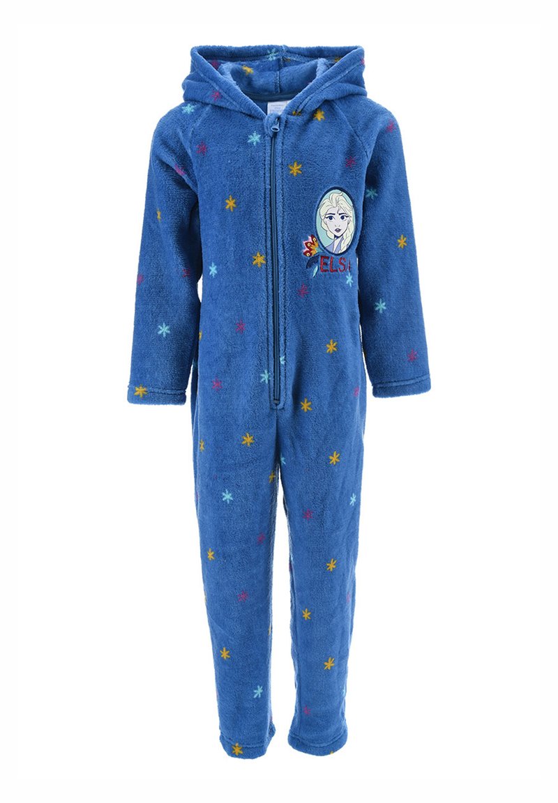 Mono de felpa azul con capucha, con patrones de estrellas coloridas y un diseño bordado de un personaje en el pecho. Cierre con cremallera.