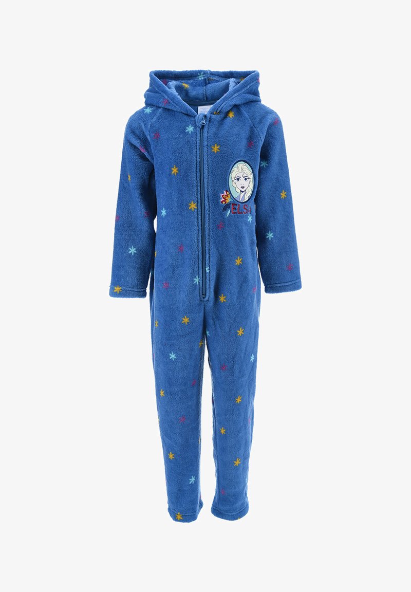 Combinaison en polaire bleue avec capuche, ornée de motifs d'étoiles colorées et d'un design brodé d'un personnage sur la poitrine. Fermeture éclair.