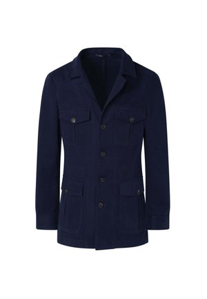 Veste bleu marine en tissu texturé avec un col à revers, six poches avant et une fermeture à bouton.