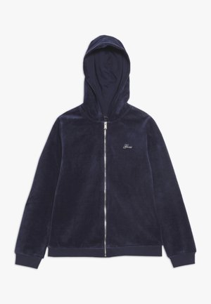 Marineblauer Velours-Hoodie mit Reißverschluss, langen Ärmeln und kleinem gesticktem Logo auf der linken Brust.