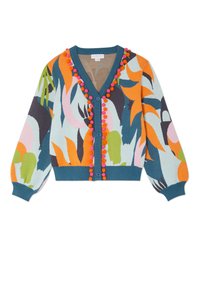 Sweter z dzianiny z wielokolorowym wzorem kwiatowym, żywym niebieskim wykończeniem, zapięciem na guziki i akcentami w postaci pomponów wzdłuż dekoltu.