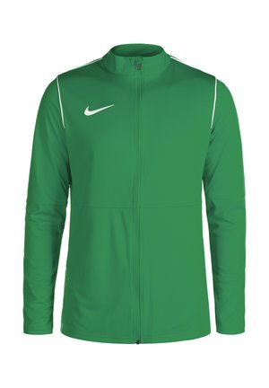 Grüne Zip-Jacke aus leichtem, glattem Material. Mit weißen Akzenten an den Schultern und einem Nike-Logo auf der Brust.