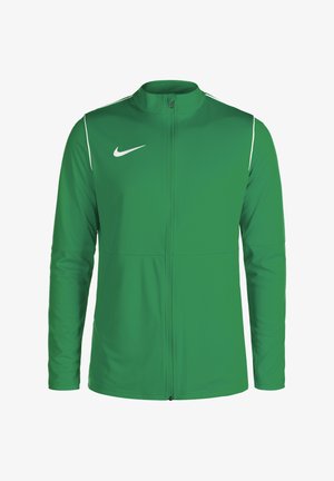 Giacca verde con zip realizzata in un tessuto leggero e liscio. Presenta dettagli bianchi lungo le spalle e un logo Nike sul petto.