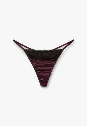 Burgundy satin thong with black lace trim at the waist, featuring thin straps and a smooth texture.
