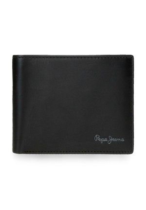 Cartera negra de cuero con doble pliegue, con costuras sutiles y pequeño logo plateado de "Pepe Jeans" en la esquina inferior derecha.