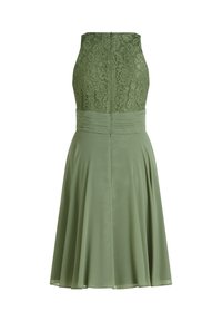Robe olive sans manches avec corsage en dentelle florale, taille ajustée et jupe fluide en ligne A, vue de dos.