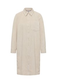 Beige kordväv skjortklänning med knappstängning, spetsig krage, en enda bröstficka och långa ärmar med knäppning vid ärmsluten. Texturerad, ribbad tyg.