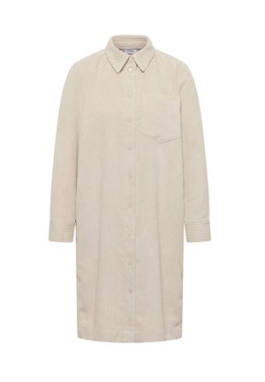 Robe chemise en velours côtelé beige avec fermeture à boutons, col pointu, poche poitrine unique et manches longues avec poignets à boutons. Tissu texturé et côtelé.