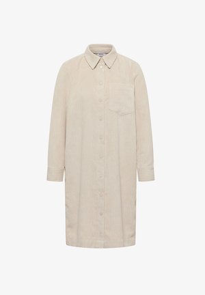 Beige Kord Kleid mit Knopfleiste, spitzem Kragen, einer Brusttasche und langen Ärmeln mit geknöpften Manschetten. Strukturiert, geripptes Material.