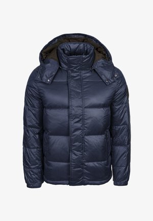 Námořnická modrá péřovka s horizontálním prošíváním, vysokým límcem, odnímatelnou kapucí a dvěma bočními kapsami. Hladký, lesklý vnější povrch.