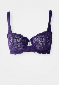 Soutien-gorge en dentelle violette avec un motif floral, armatures de soutien, bretelles réglables et un petit nœud en satin au centre devant.