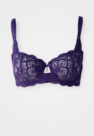 Purple lace bra featuring a floral pattern, underwire support, adjustable straps, and a small satin bow detail at the center front.