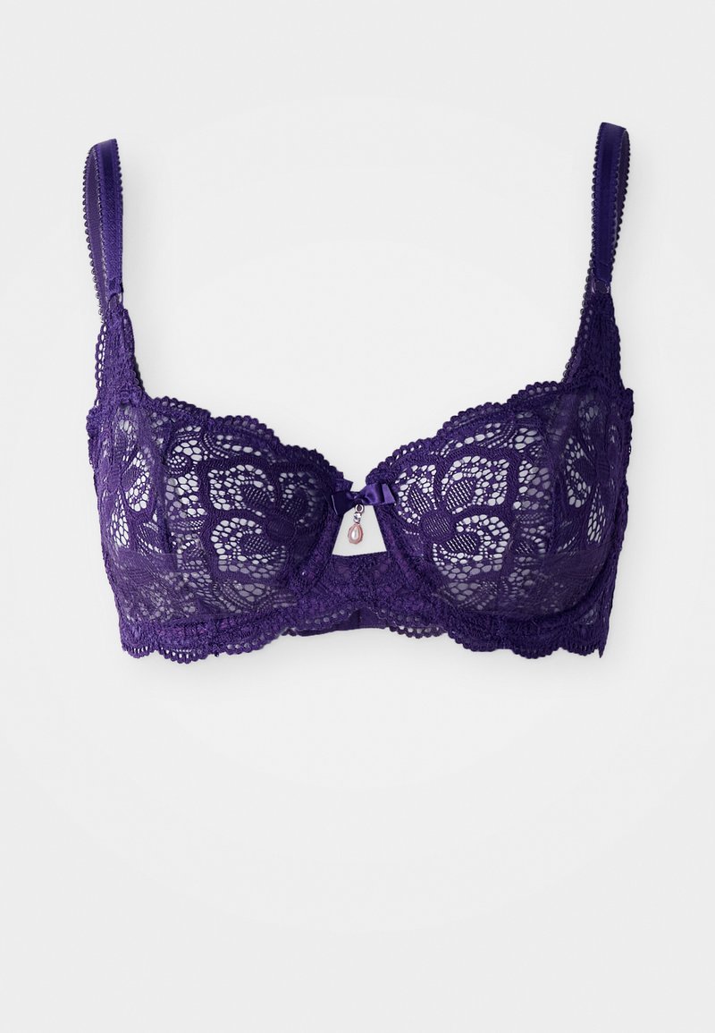 Soutien-gorge en dentelle violette avec un motif floral, armatures de soutien, bretelles réglables et un petit nœud en satin au centre devant.
