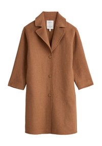 Brown wool coat with a notched collar, three-quarter sleeves, and four buttons down the front. Smooth texture with a tailored design.