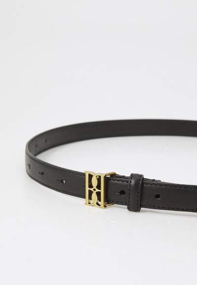 Black leather belt featuring a gold-tone buckle with an interlocking design and evenly spaced holes for adjustment. Smooth texture throughout.