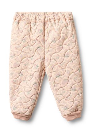 Pantalones acolchados rosas con un patrón de ondas y detalles florales. Cintura elástica y puños acanalados, que ofrecen una textura suave y un ajuste cómodo.