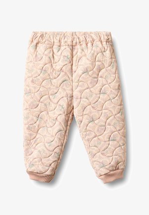 Pantalon rose matelassé avec un motif ondulé et des accents floraux. Taille élastique et poignets côtelés, offrant une texture douce et un ajustement confortable.