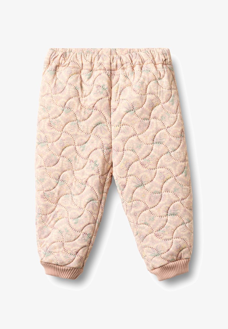 Pantalon rose matelassé avec un motif ondulé et des accents floraux. Taille élastique et poignets côtelés, offrant une texture douce et un ajustement confortable.