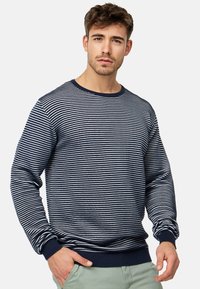 Marineblauw en witte gestreepte sweatshirt met lange mouwen, geribbelde halslijn en manchetten. Zachte stof met een casual pasvorm, gedragen met lichtgekleurde broeken.