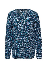 Langarmshirt in Dunkelblau mit einem geometrischen Muster in Himmelblau, Weiß und Lila. Verfügt über einen runden Halsausschnitt und eine lockere Passform.