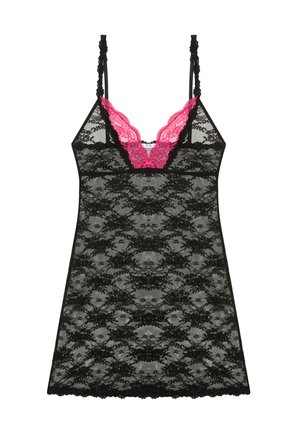 Schwarzes Spitzenunterwäsche-Nachthemd mit pinkfarbenem Spitzensaum am tiefen V-Ausschnitt und verstellbaren dünnen Trägern.