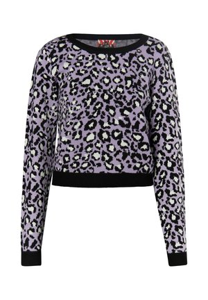 Lila Leopardenmuster Pullover mit rundem Ausschnitt, langen Ärmeln und schwarzem Rippbund. Aus weichem Strickmaterial gefertigt.
