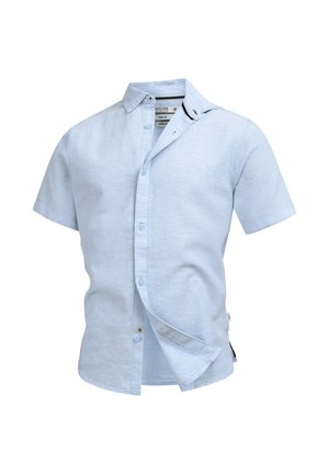 Hellblaues Kurzarm-Hemd mit Knopfleiste und Kragen, vorne teilweise geöffnet, aus Leinenmaterial, Größe M, lässiger Stil.