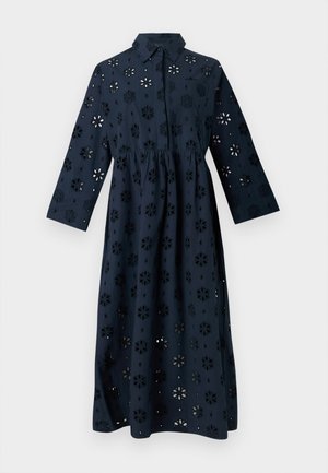 Dunkelblaues Baumwolkleid mit einem Kragen, dreiviertel Ärmeln und floralem Lochmuster im gesamten Stoff.