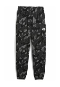 Sorte og grå camouflage joggers med elastisk talje, der har varierede abstrakte former og et lille logo-tag på hoften.