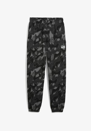 Sorte og grå camouflage joggers med elastisk talje, der har varierede abstrakte former og et lille logo-tag på hoften.