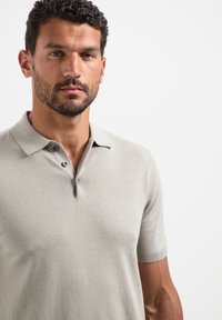 Polo shirt met korte mouwen in lichtgrijze brei-stof, met een knoopsluiting, zachte textuur en een getailleerd ontwerp met een nette afwerking.