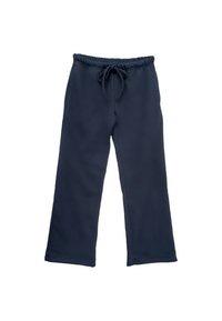Granatowe spodnie dresowe z elastycznym paskiem i sznurkiem do regulacji, proste nogawki oraz boczne kieszenie, zaprezentowane na białym tle.