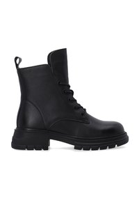 Schwarze Leder-Stiefeletten mit runder Zehenpartie, Schnürung vorne und einer strukturierten Gummisohle. Mit einer Zuglasche auf der Rückseite für einfaches Anziehen.