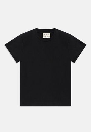 Black short-sleeve crew neck t-shirt with a white tag inside the collar labeled "D.R.C. EST. 2002" on a white background.