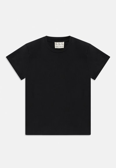 Black short-sleeve crew neck t-shirt with a white tag inside the collar labeled "D.R.C. EST. 2002" on a white background.