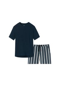 Mörkblå bomulls-T-shirt med korta ärmar, kombinerad med randiga shorts i mörkblått och vitt, med elastisk midja och snörning.