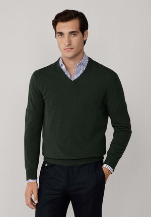 Man wearing dark green V-neck sweater over blue striped shirt, with black pants, standing against plain light gray background.