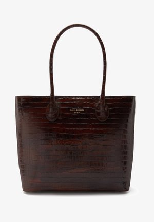 Sac cabas en cuir embossé crocodile marron avec deux poignées rondes, texture lisse et lettrage doré, conçu pour un usage quotidien.