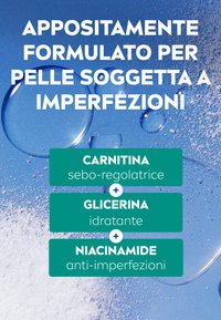 Sfondo blu con gocce d'acqua; il testo evidenzia gli ingredienti: Carnitina, Glicerina, Niacinamide; le caselle verdi delineano i benefici.