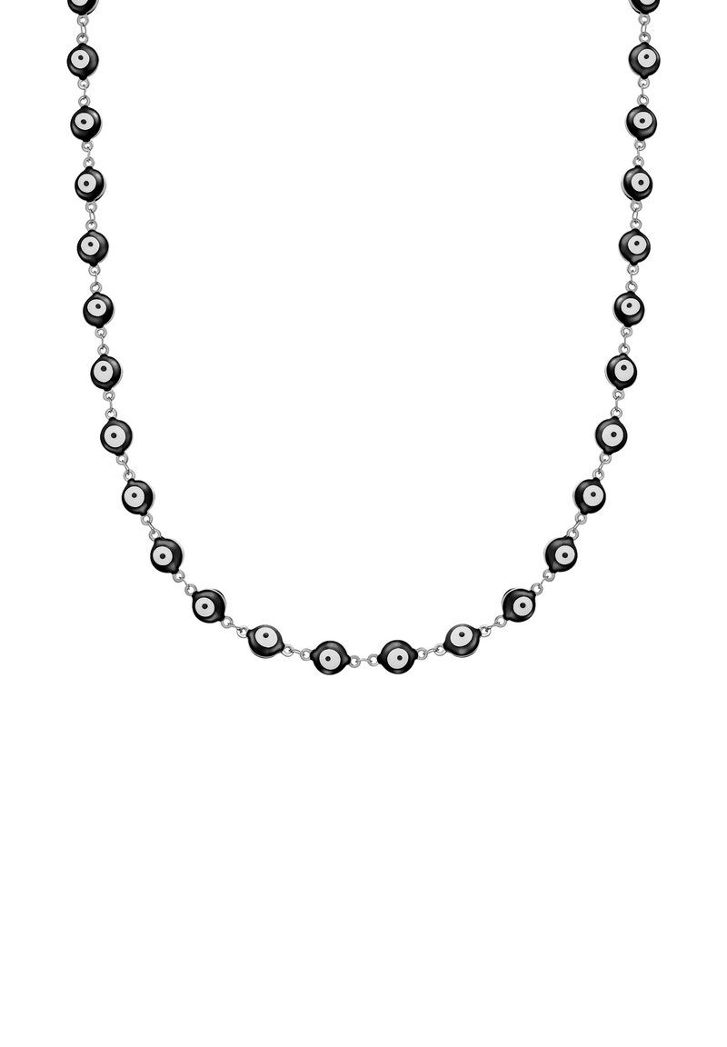 Juodai balta karoliukų apyrankė, kurioje yra apvalūs karoliukai su centriniu baltu tašku, sujungti sidabro spalvos metaline grandinėle.