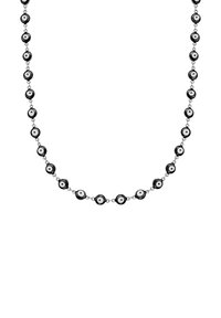 Sorte og hvide perlekæde med runde perler med centrale hvide prikker, forbundet af en sølvfarvet metal kæde.