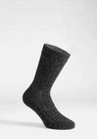 Calze a coste di colore grigio scuro, con una texture morbida, che raggiungono la metà del polpaccio e presentano un bordo flessibile per comfort e vestibilità.