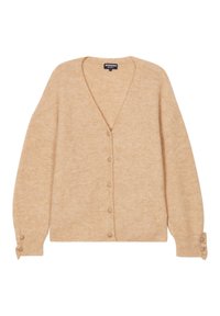 Gilet en tricot beige avec un décolleté en V profond, des manches longues et des détails en bouton aux poignets. Texture douce et coupe décontractée.