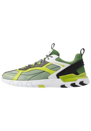 Green and yellow athletic sneaker with white sole, black heel support, mesh upper, lace-up closure, and pull tabs on tongue and heel.