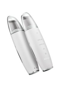 Two sleek white handheld skincare devices with clear tops, buttons labeled exfoliate, moisture, lift, and the brand name GESKE visible.