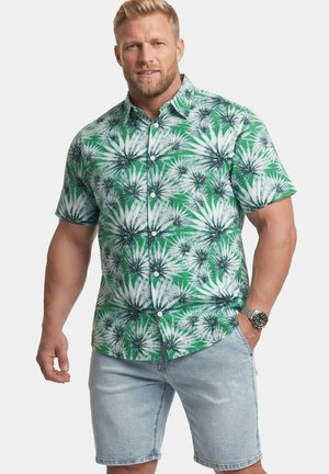Blonder Mann trägt ein grünes kurzärmeliges Hemd mit weißem und dunkelgrünem Palmenblattmuster und hellblauen Jeansshorts.