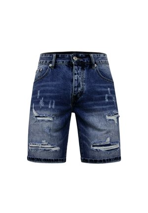 Donkerblauwe spijkershorts met versleten scheuren op de voorkant van de dijen, knoop- en ritsluiting en vijfzakkenontwerp.